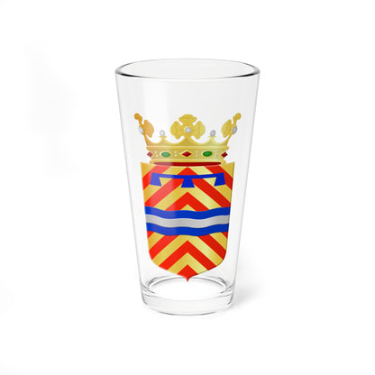 Heraldic shield of red and gold chevrons with a blue T-shaped charge and wavy bars, under a gold crown.