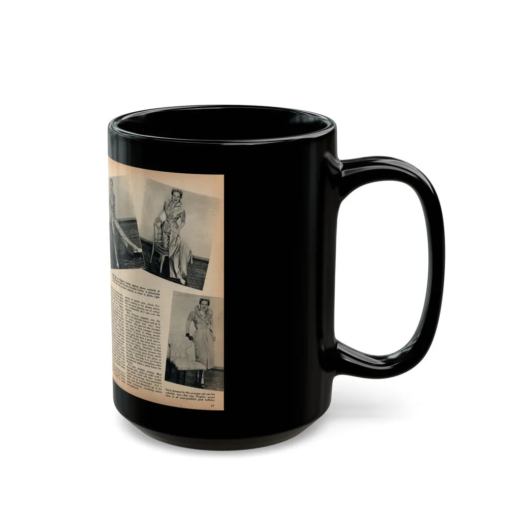 Virginia Mayo #289 - 2 Pages of Virginia+1 B&W Pin-Up Pic+4 B&W Fashion Pics circa late 40's from a Movie Star Magazine (Vintage Female Icon) Black Coffee Mug-Go Mug Yourself