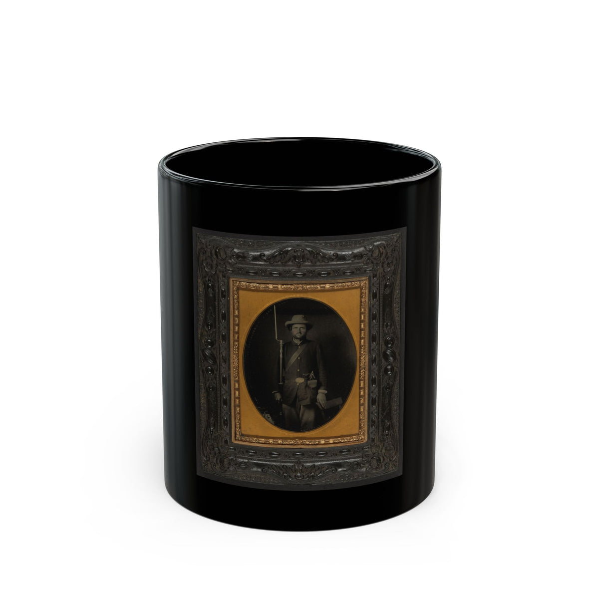 Unidentified Soldier In Union Sack Coat With Holstered Revolver And Bayoneted Musket (U.S. Civil War) Black Coffee Mug
