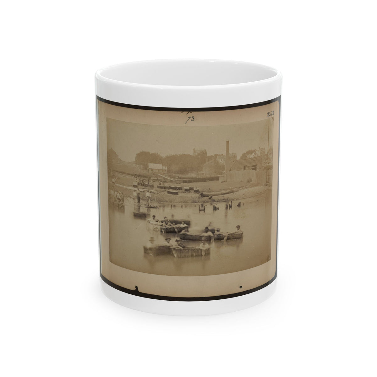Military Construction In Northern Virginia  Men Sitting In Blanket Boats On The Potomac River (U.S. Civil War) White Coffee Mug