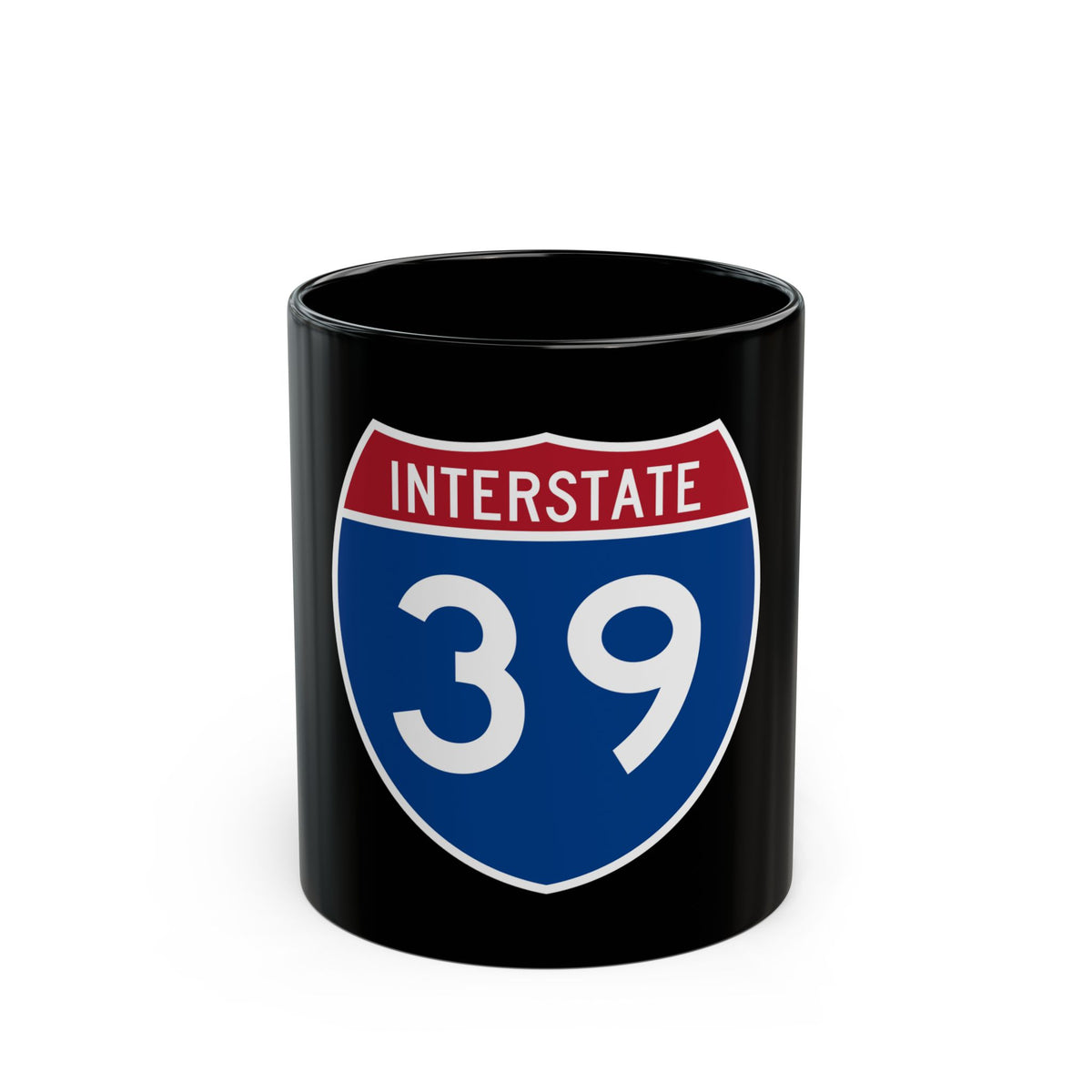 Flat graphic of a navy-blue Interstate 39 highway shield with INTERSTATE on a red band and white numerals.