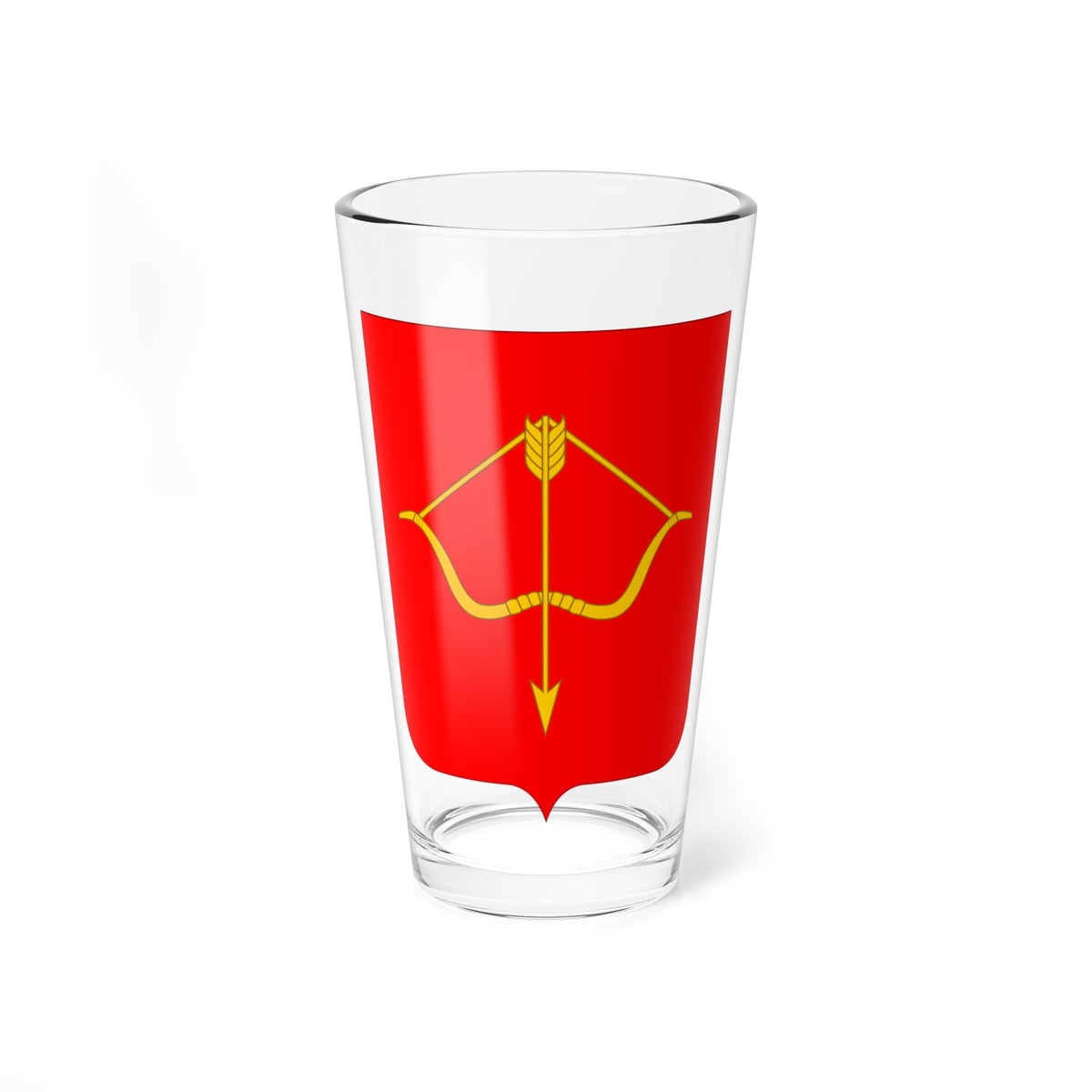 Solid red heraldic shield with a centred gold bow and arrow, drawn in flat vector style.