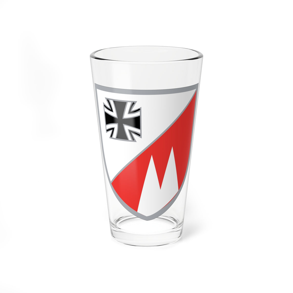 Flat grey-bordered shield split diagonally white and red, with a black iron-cross emblem and white peaks.