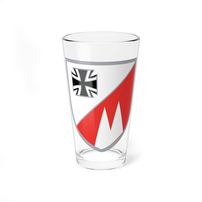 Flat grey-bordered shield split diagonally white and red, with a black iron-cross emblem and white peaks.