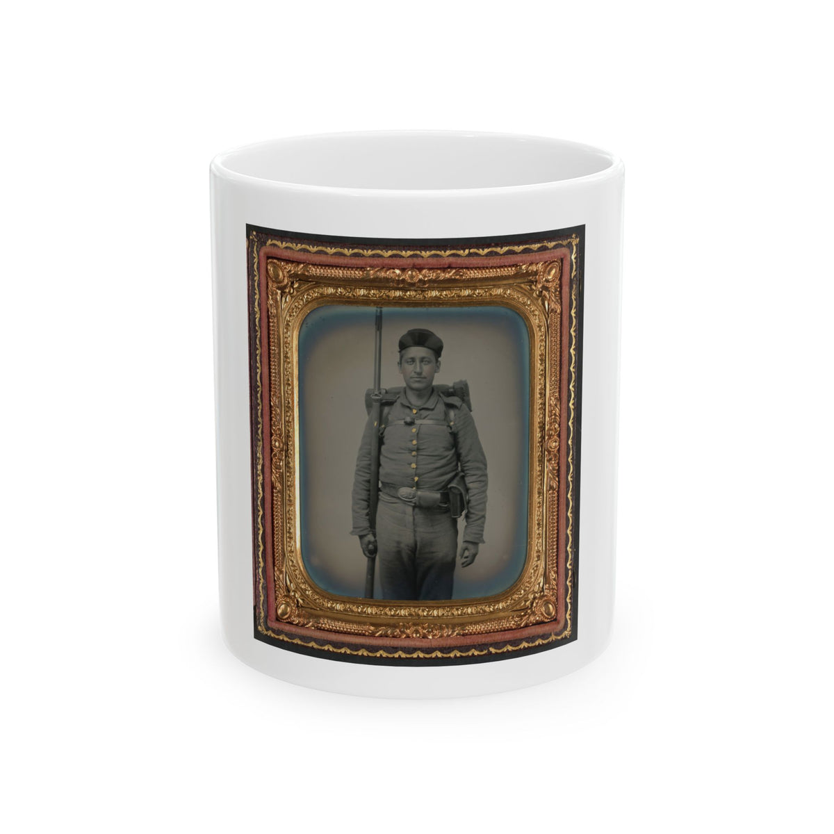 Unidentified Soldier In Ohio Volunteer Militia Uniform With Bedroll And Musket (U.S. Civil War) White Coffee Mug