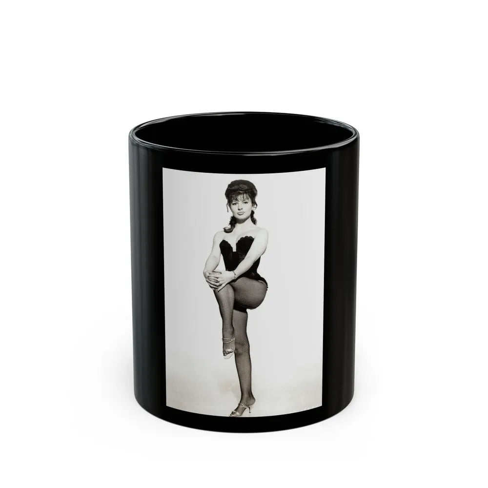 Jennifer Jayne #01 - B&W 7x9 Full Body Lingerie & Fishnet Stockings & open heels Photo (Vintage Female Icon) Black Coffee Mug-11oz-Go Mug Yourself