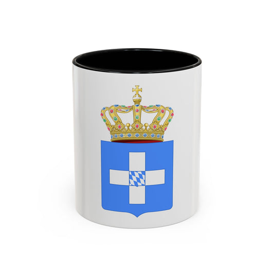 Blue heraldic shield with a white cross and a jewelled gold crown above, with a checked inset.