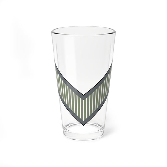 Single downward chevron with a slate grey border filled with olive and white vertical stripes on white.