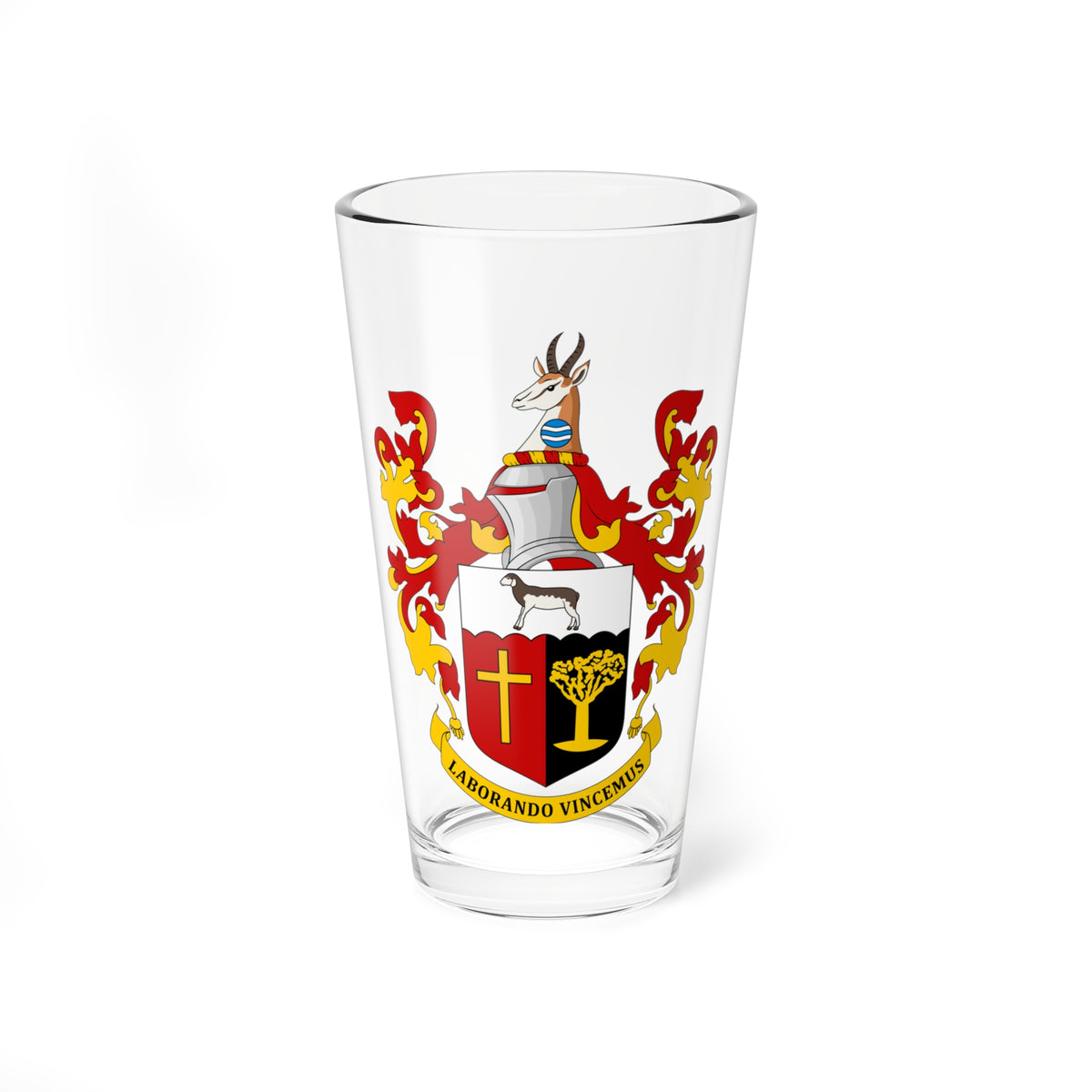 Heraldic coat of arms with a springbok crest, a sheep, a gold cross on red, and the motto LABORANDO VINCEMUS.