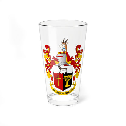 Heraldic coat of arms with a springbok crest, a sheep, a gold cross on red, and the motto LABORANDO VINCEMUS.