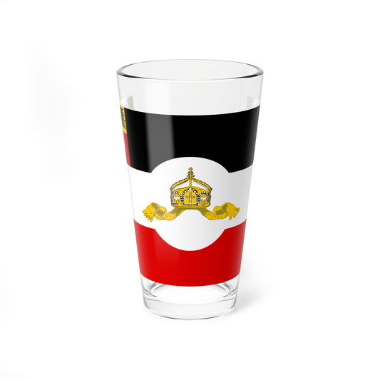 Black, white and red tricolour with a gold imperial crown on a white roundel and a heraldic eagle and lion at top left.