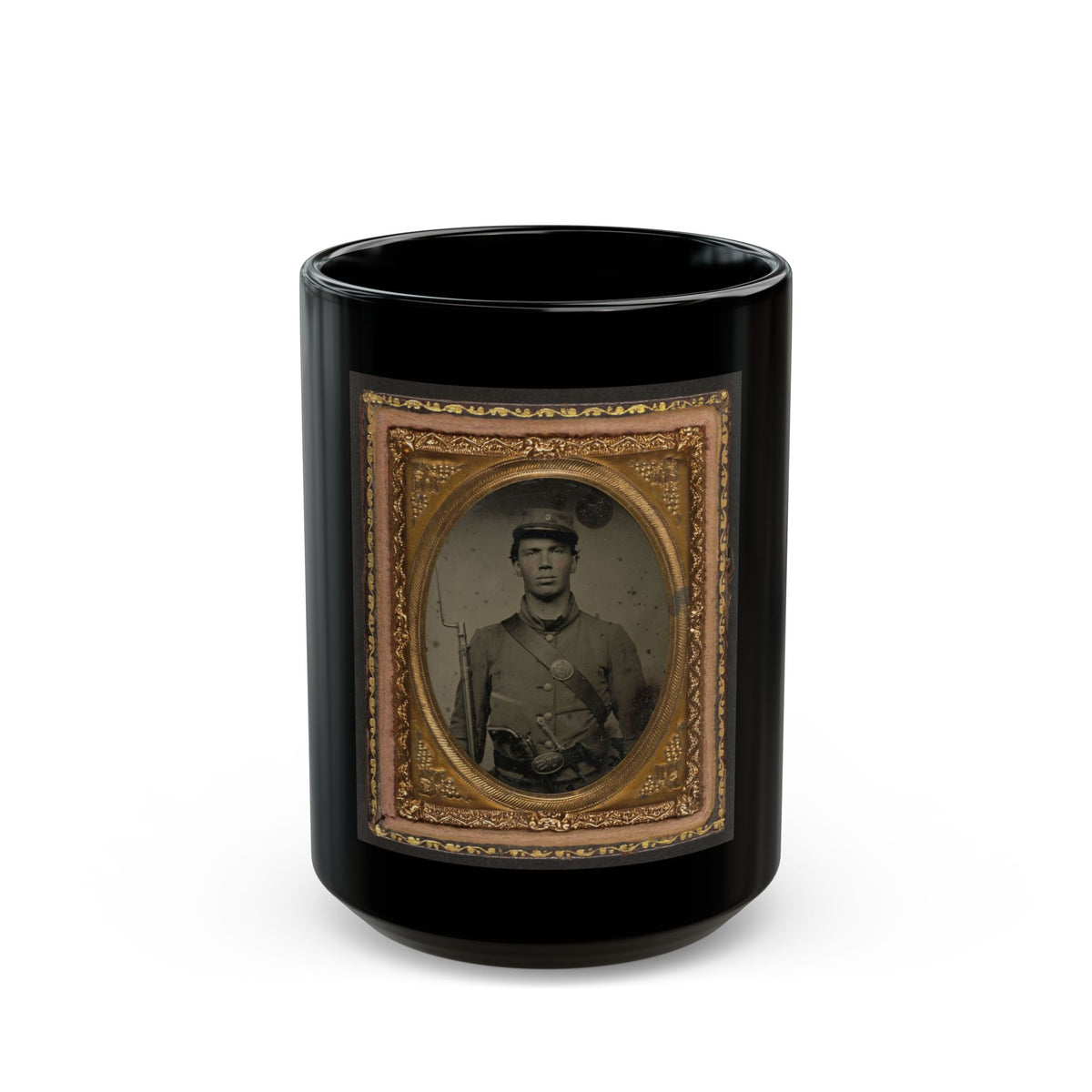 Unidentified Soldier In Union Uniform And Company C Hat With Bayoneted Musket, Revolver, Knife, And Cap Box (U.S. Civil War) Black Coffee Mug