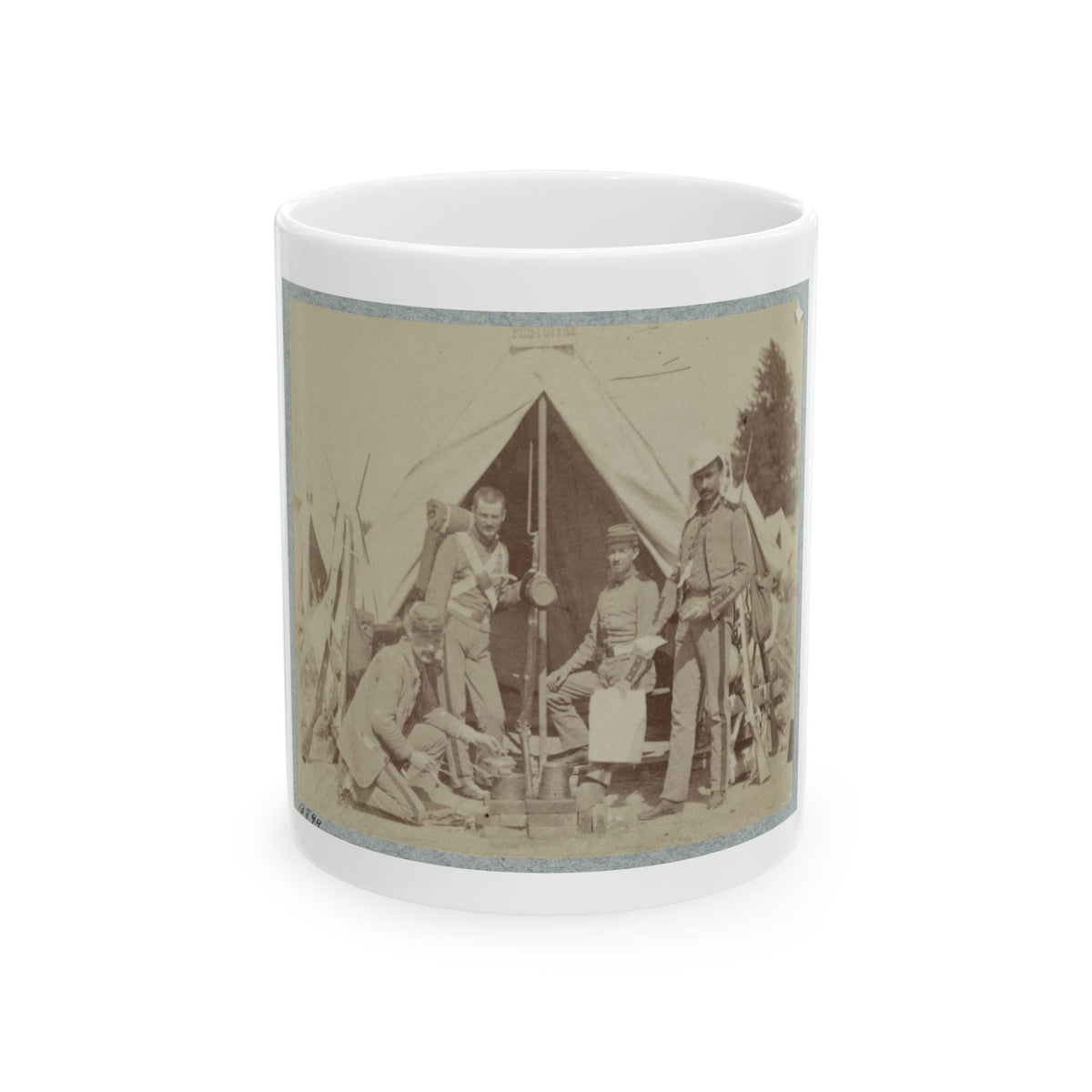 Sepia print showing four soldiers gathered around a cooking fire beside a canvas tent, with rifles stacked nearby.