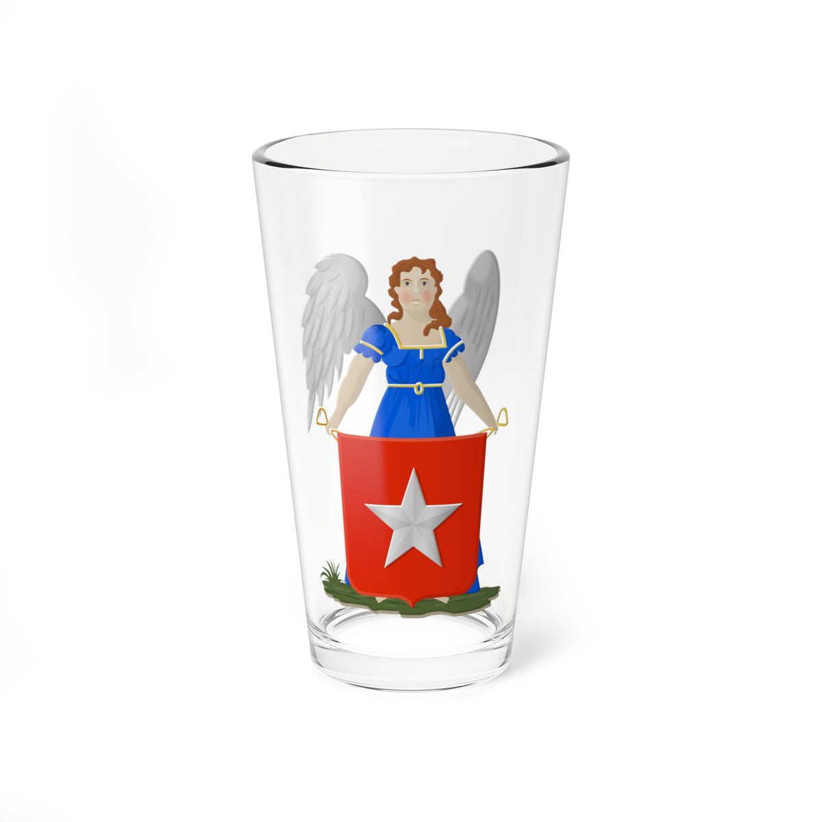 Winged figure in a blue gown holds up a red shield with a silver five-pointed star, standing on a grassy base.
