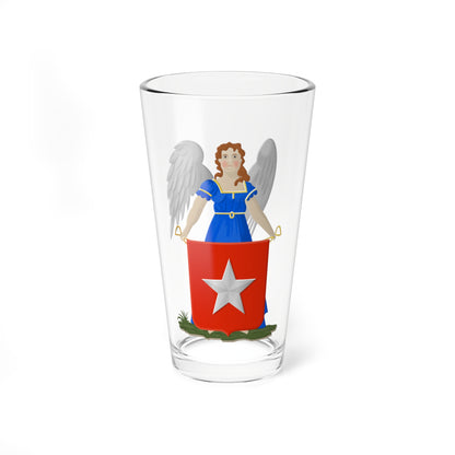 Winged figure in a blue gown holds up a red shield with a silver five-pointed star, standing on a grassy base.