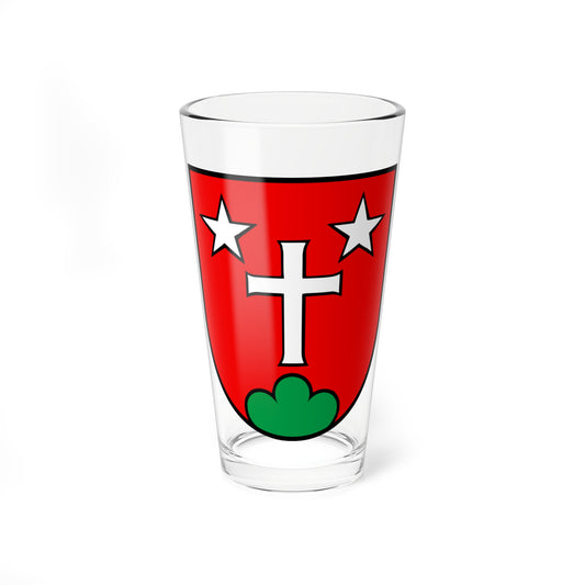 Heraldic coat of arms with a white cross and two white stars above a green mound on a red shield.