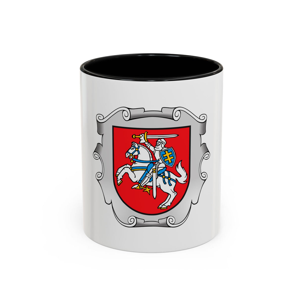 Heraldic knight on a rearing white horse, raising a sword, on a red field framed by a silver scrolled cartouche.