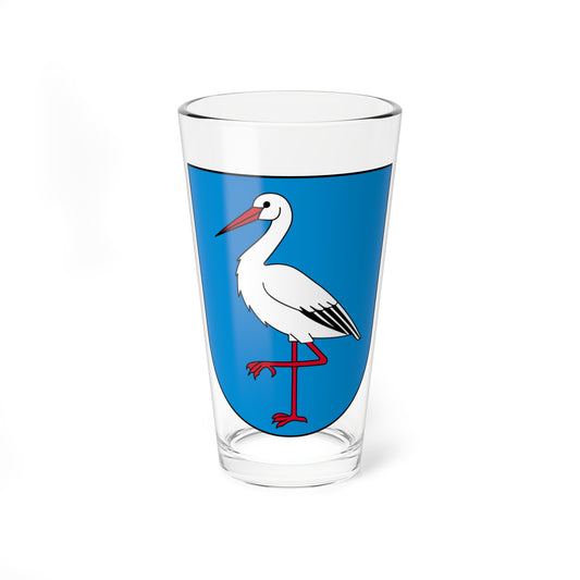 Blue heraldic shield with a white stork standing on one red leg, its red bill pointing left.