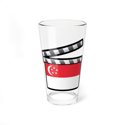 An open film clapperboard decorated with the red and white flag of Singapore, showing a crescent moon and stars.