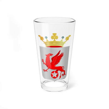 Heraldic shield in silver with a red winged griffin over a silver star on a red roundel, under a gold crown.