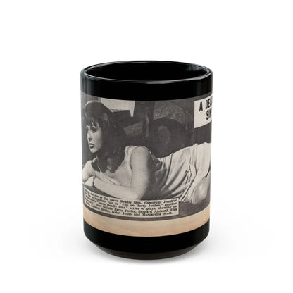 Jennifer Jayne #15 - 7x4 B&W Sexy Photo on Bed from U.K. News Paper Clipping (Vintage Female Icon) Black Coffee Mug-15oz-Go Mug Yourself