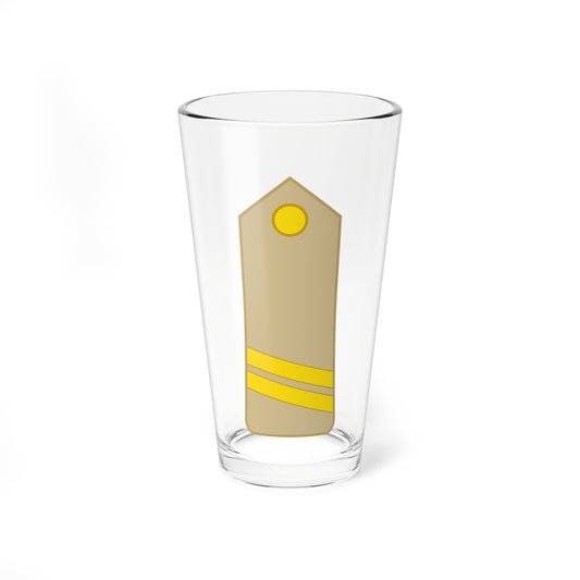 Tan military shoulder board on white with a gold disc at the top and two diagonal yellow stripes below.