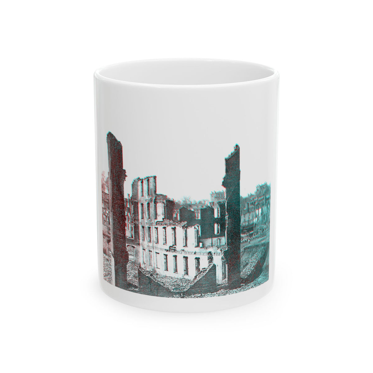 Black and white view of ruined brick walls and burned-out buildings along a street, with red and teal fringing.