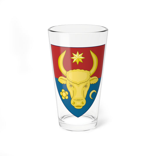 Heraldic shield split red and blue with a gold bull's head, eight-pointed star, crescent and rosette above.