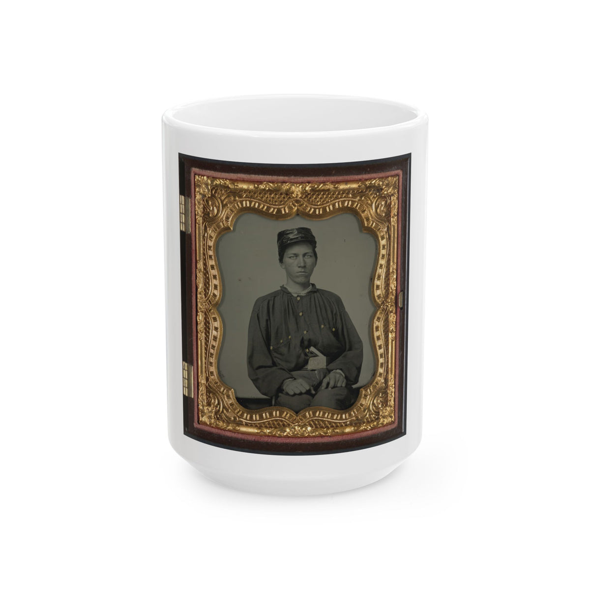 Unidentified Soldier In Confederate Uniform And Louisiana State Seal Belt Buckle And Oilcloth Cover On Kepi (U.S. Civil War) White Coffee Mug
