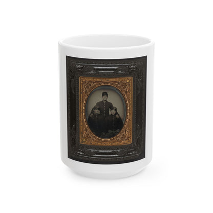 Three Unidentified Soldiers In Union Uniforms And Company E, 8th Regiment Forage Caps (U.S. Civil War) White Coffee Mug
