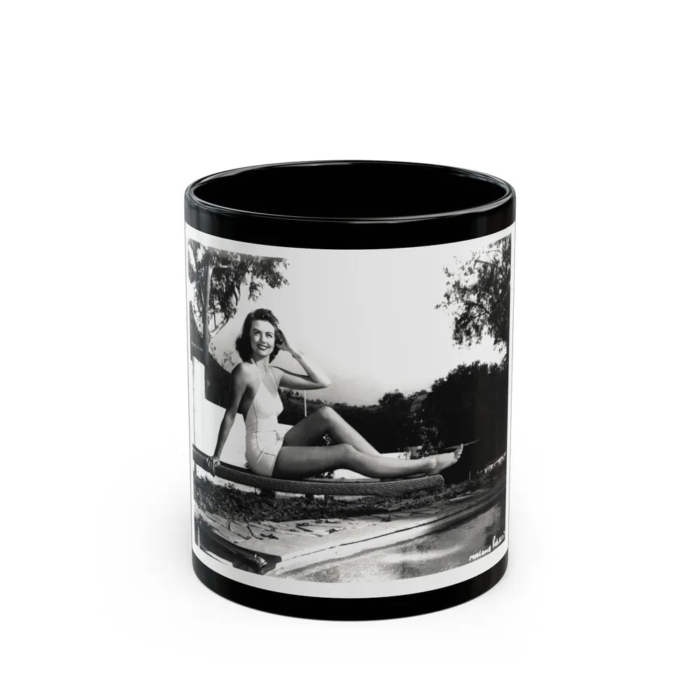 Dorothy Malone #245 - 8x10 B&W Full Body Early or Mid 50's 1-Piece Cheesecake Swimsuit Photo (Vintage Female Icon) Black Coffee Mug-11oz-Go Mug Yourself