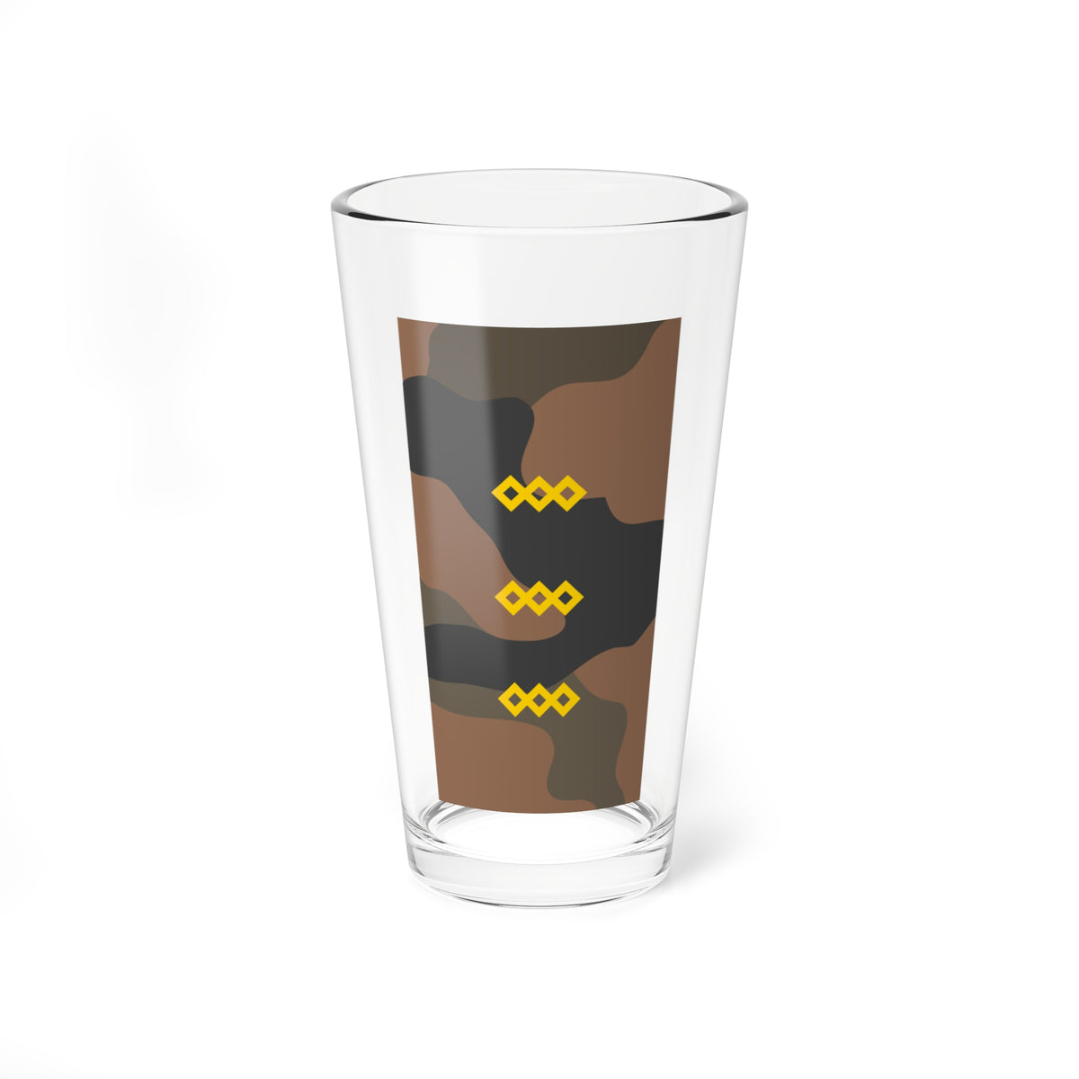 Brown and charcoal camouflage pattern with three gold three-diamond chevron ornaments placed at intervals.