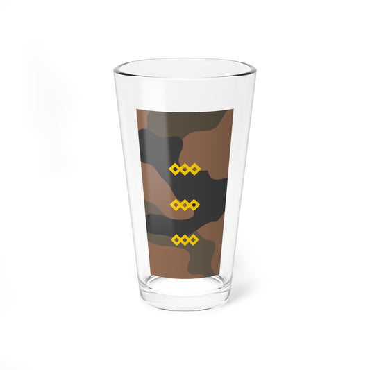 Brown and charcoal camouflage pattern with three gold three-diamond chevron ornaments placed at intervals.