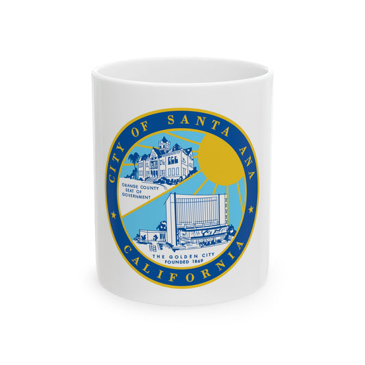 Round blue and gold City of Santa Ana seal with a Victorian building above a modern government building.
