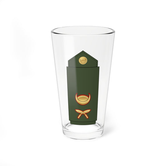 Dark green shoulder board with a gold crescent button on top and red-outlined crossed swords below it.