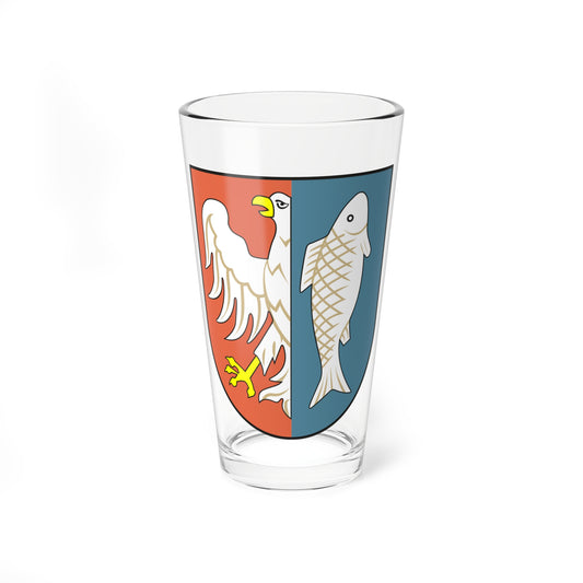 Split heraldic shield with a white eagle on orange at left and a white fish with scale lines on steel blue.