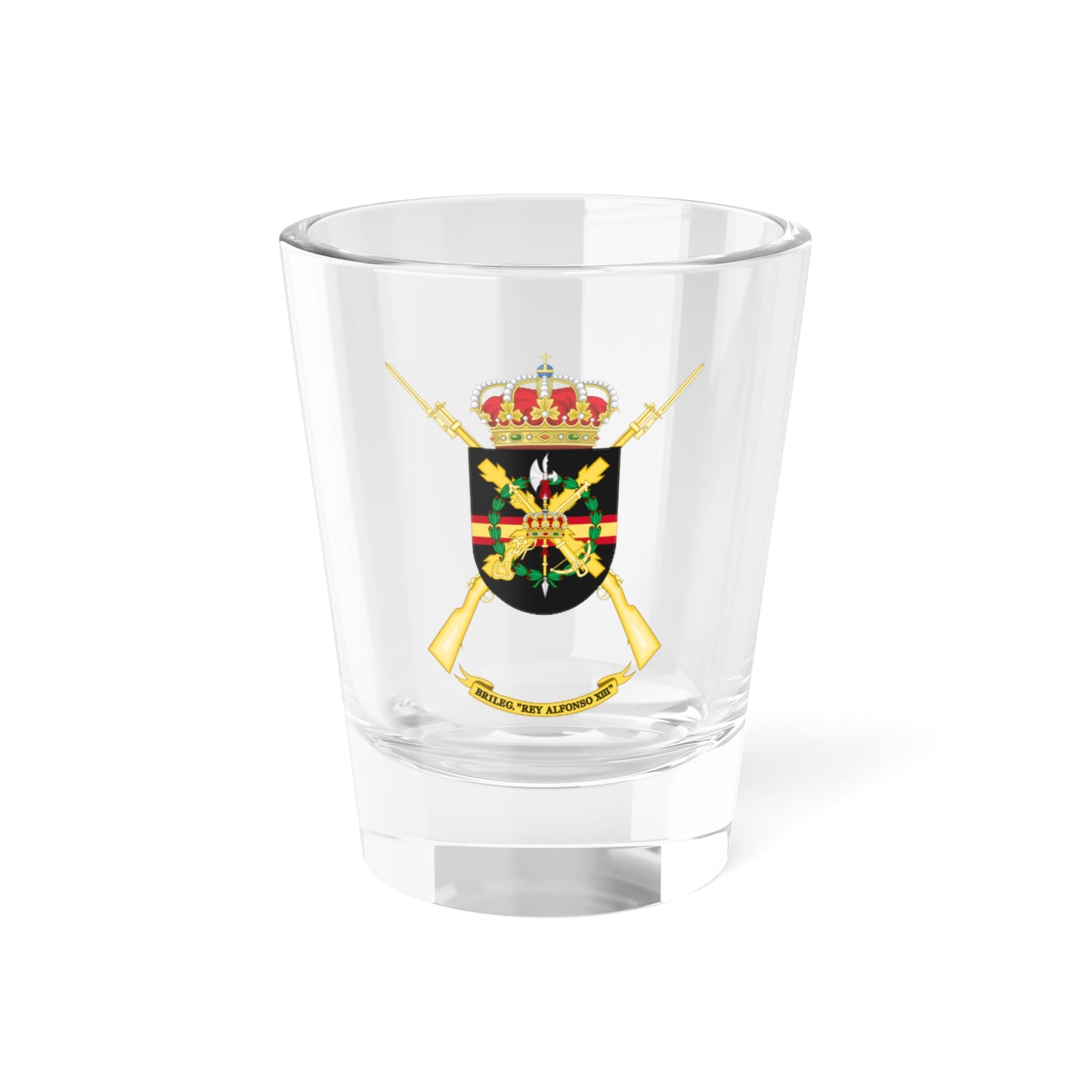 Former Coat of Arms of the 2nd Spanish Legion Brigade King Alfonso XIII Cross of Burgundy (Spain) (Coat of Arms) Shot Glass 1.5oz