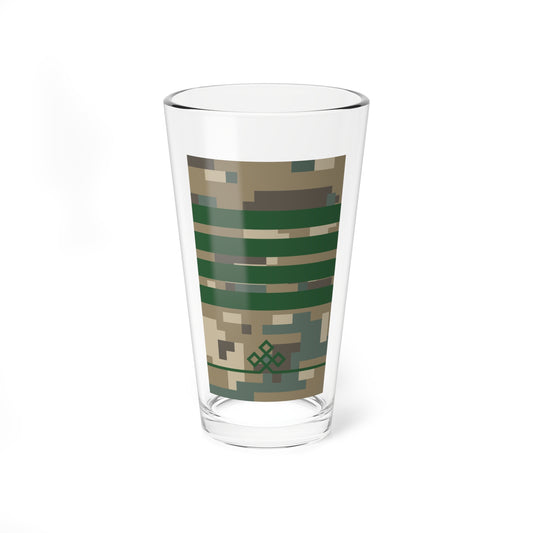 Pixelated khaki and cream camouflage with horizontal forest green bands and a dark green interlocking diamond chain.