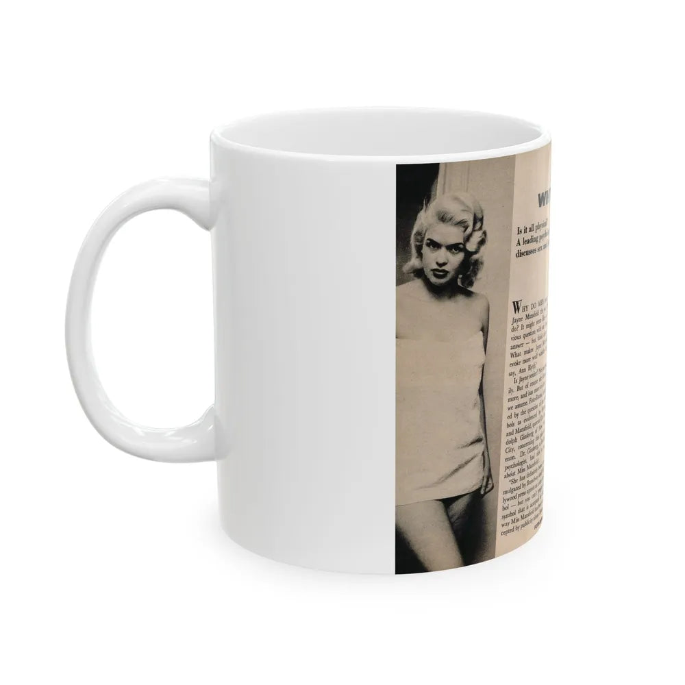 Jayne Mansfield #177 - 2 Pages, 2 B&W Photos, Caption & Article from Foto-rama Digest Mag. May '58 (Vintage Female Icon) White Coffee Mug-Go Mug Yourself