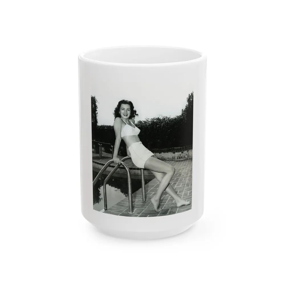 Faith Domergue #238 - Remade B&W 8x10 Full Full Body 2-Piece Swimsuit Cheesecake Photo HQ Re-Print (Vintage Female Icon) White Coffee Mug-15oz-Go Mug Yourself