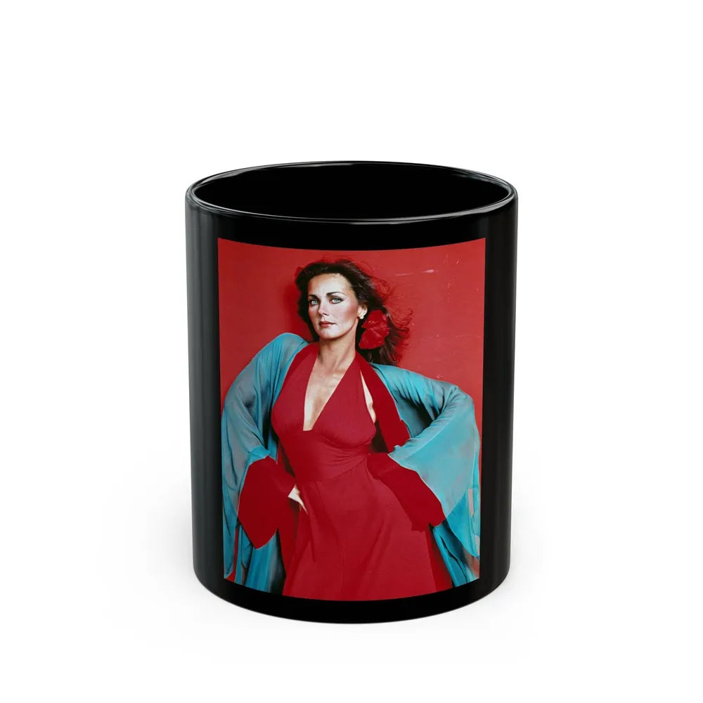 Lynda Carter #240 (Vintage Female Icon) Black Coffee Mug-11oz-Go Mug Yourself