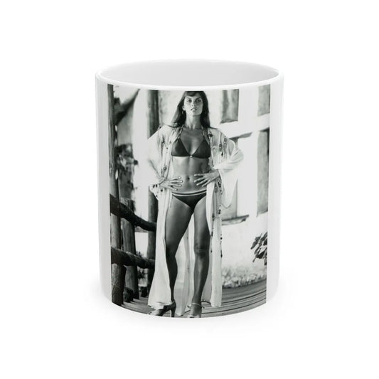 Caroline Munro #408 - 8x10 B&W Full Body in 2-Piece Bikini Photo Re-Strike from 1977 (Vintage Female Icon) White Coffee Mug-11oz-Go Mug Yourself