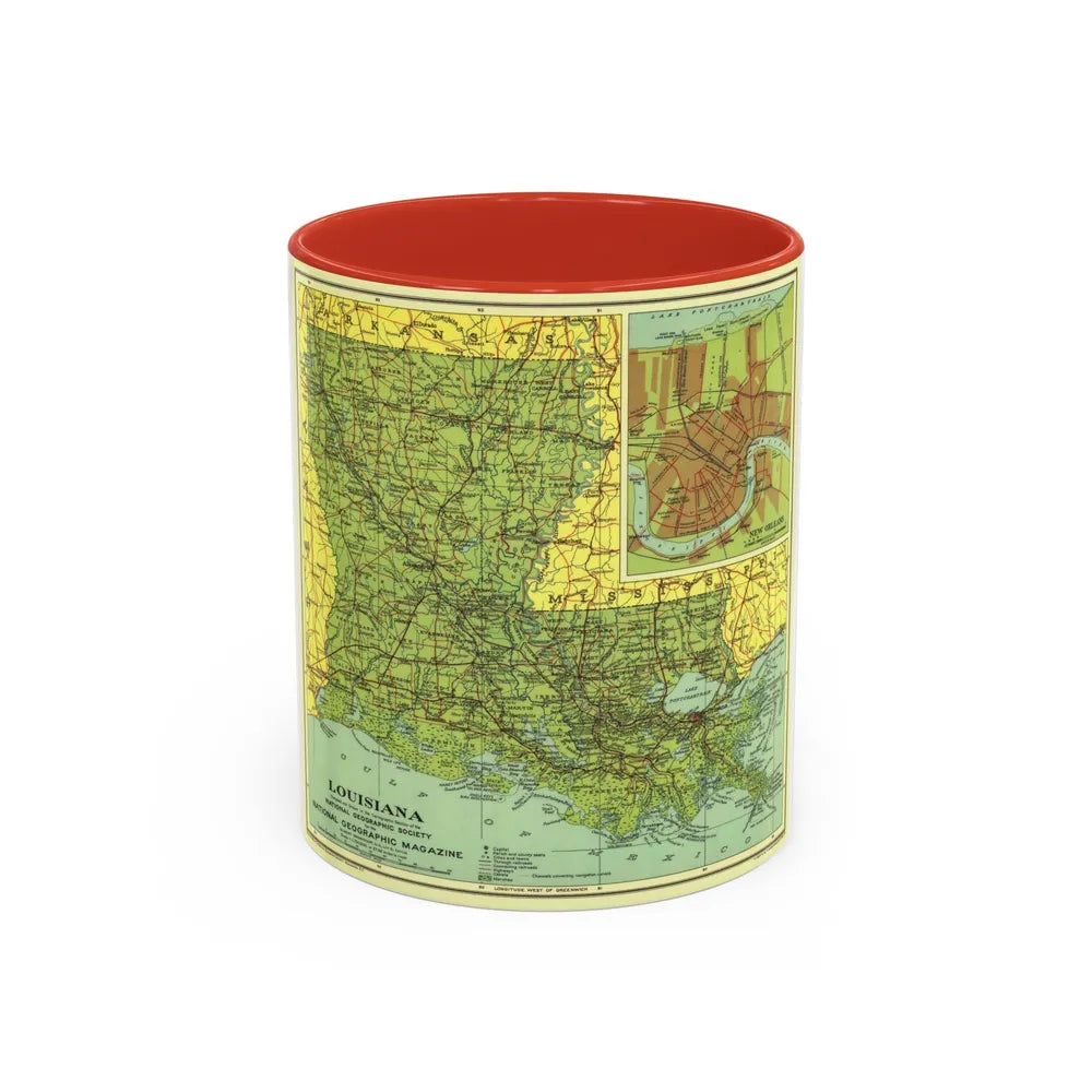 USA - Louisiana (1930) (Map) Accent Coffee Mug-11oz-Red-Go Mug Yourself