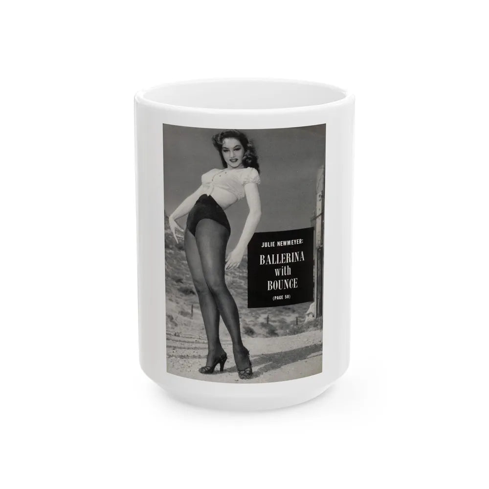 Julie Newmar #495 - Reverse side of back cover with, Intro to Julie and 1 B&W Photo & Caption from EYE Digest Mag. December '54 (Vintage Female Icon) White Coffee Mug-15oz-Go Mug Yourself