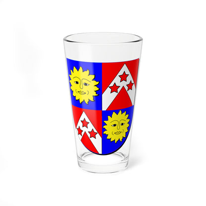 Quartered heraldic shield in blue and red with white chevrons bearing red stars, and two yellow sun faces.