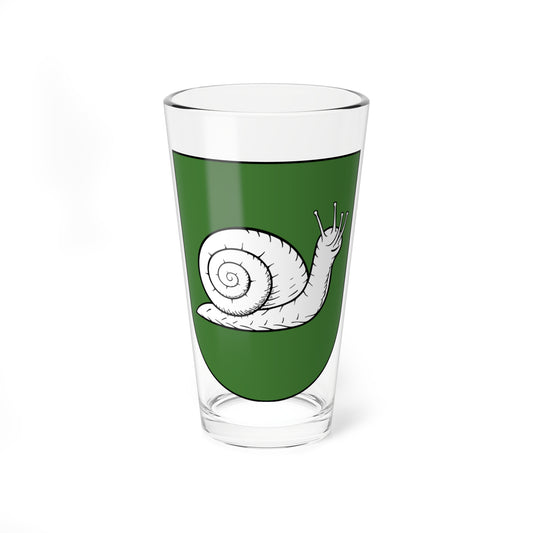 Line-drawn white snail with a spiral shell and four tentacles on a solid green heraldic shield.