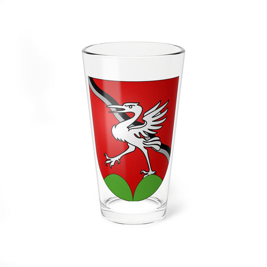 Red heraldic shield with a silver bird with spread wings standing on green mounds under a black and silver bend.