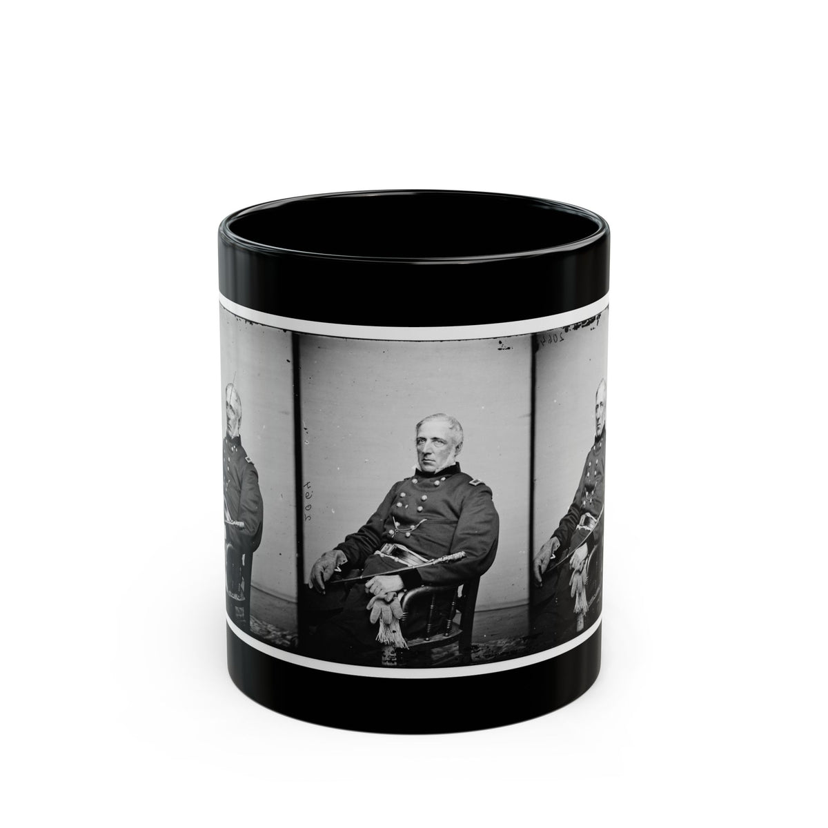 Black and white 1860s scene showing a seated officer with a sword across his lap, repeated in three side-by-side panels.
