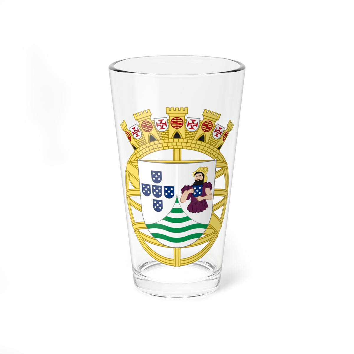 Gold mural-crowned coat of arms with five blue escutcheons, a purple-robed figure and green wavy stripes.