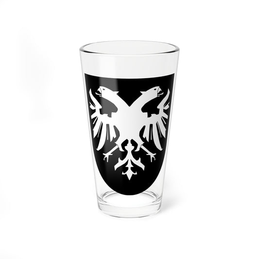 Bold black-and-white heraldic shield with a white double-headed eagle silhouette and spread wings.
